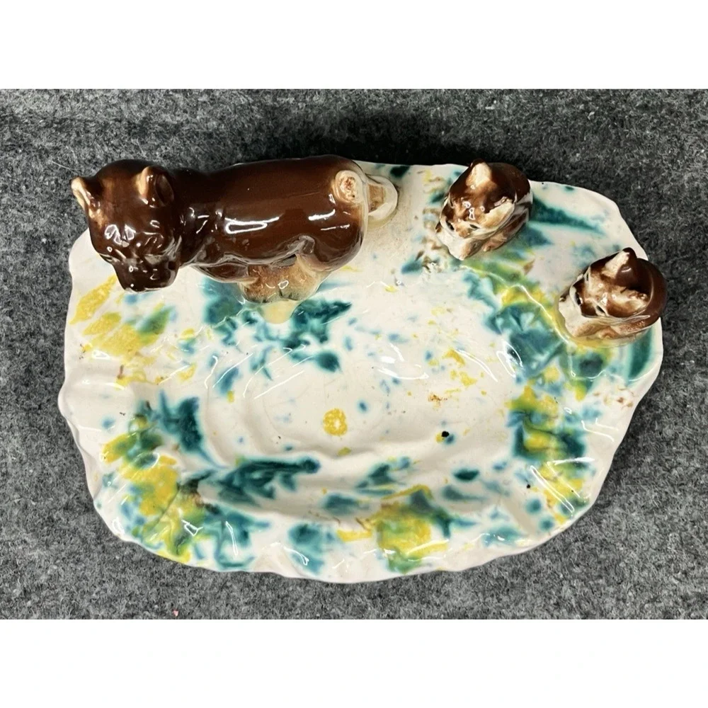 Vtg MCM Boxer Bulldog Dog Puppies Ceramic Ashtray Trinket Soap Dish Japan